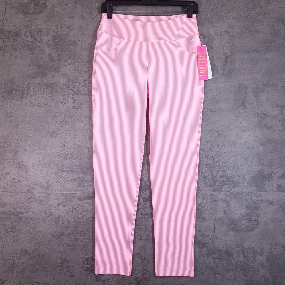 LILLY PULITZER Luxletic Seersucker Corso Pants Womens Size 4 Havana Pink Stripe